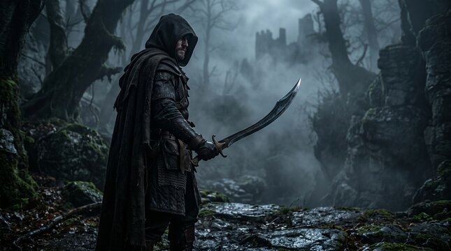 Mysterious Warrior in Hooded Cloak with Sword in Dark Forest