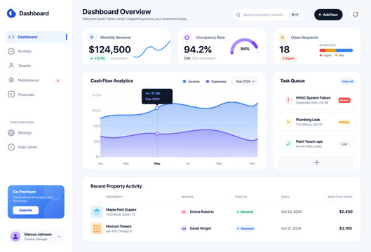Modern property management dashboard UI featuring rental analytics, occupancy monitoring, maintenance tracking, tenant management, and financial reporting. Ideal for real estate platforms.