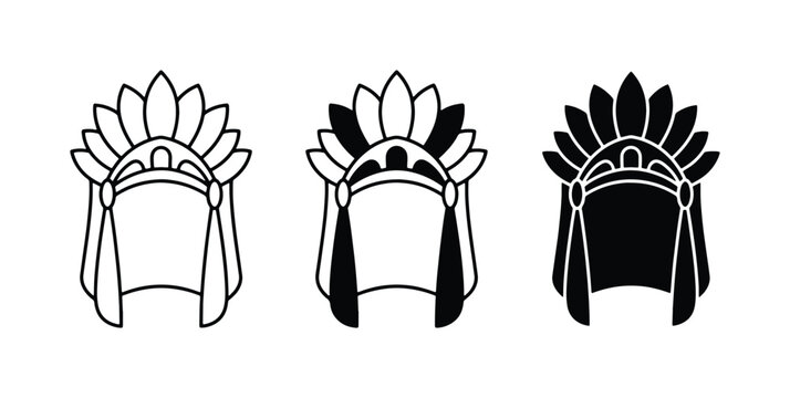 Native American Headdress Icons, Indigenous Feather Headwear Vector Graphics, Tribal Chief Symbols