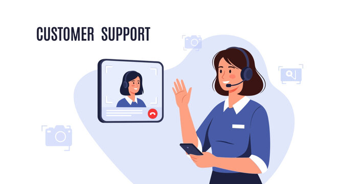 Customer Support Agent with Headset and Phone, Video Call Interface