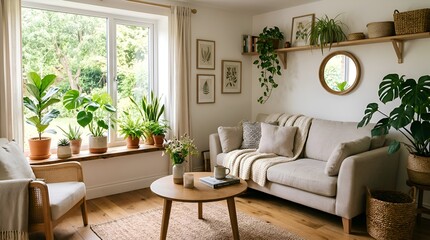 Naklejka premium Cozy living room interior with plants, sofa, and natural light
