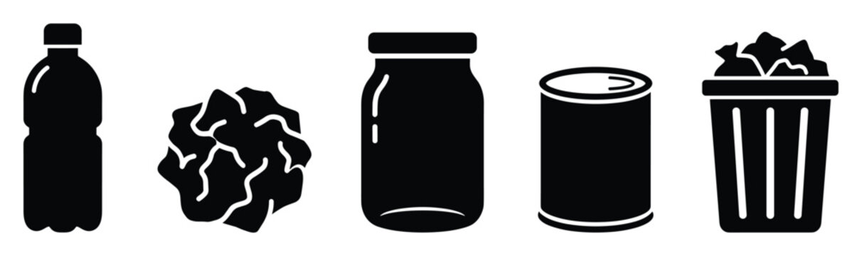 Icons representing common recyclable waste items for environmental awareness and disposal concepts
