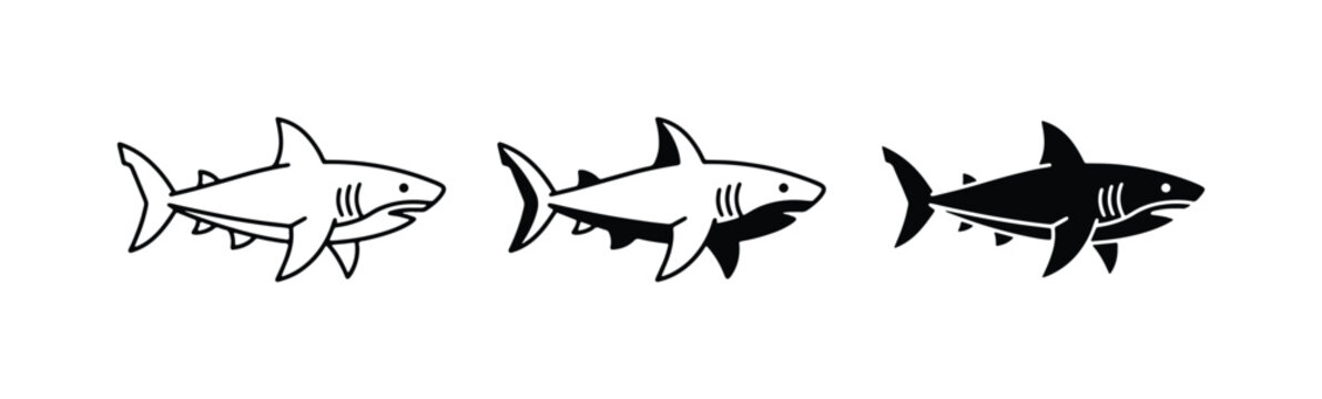 Shark Icons Set: Outline, Silhouette, Black and White Vector Graphics