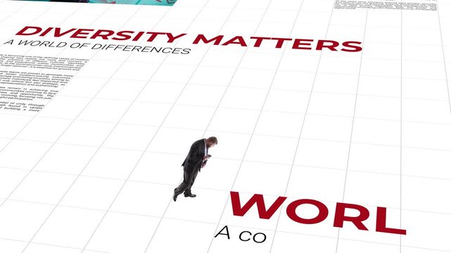 Miniature man walking across global diversity news layout with different topics images. Concept of media consumption, social feeds, digital news animation, international business and modern media.