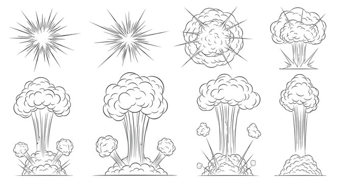 Large collection of diverse explosion, blast, and smoke cloud effects for action comics, game development, and dynamic storytelling graphic projects.