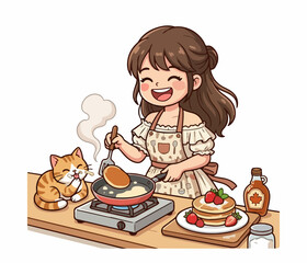 Fototapeta premium Cheerful little girl with apron flipping a pancake on a pan, breakfast with a cute cat, flat vector design.