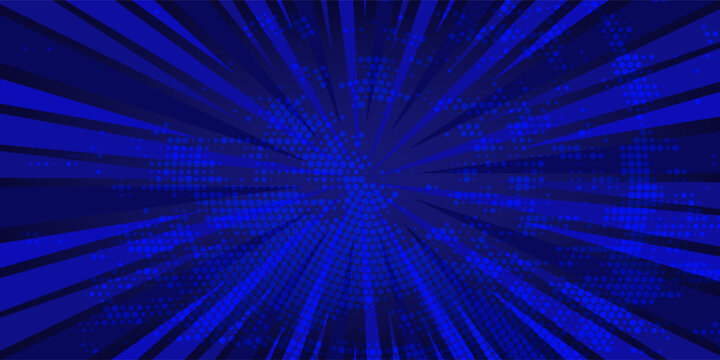 Anime explosion background with radial lines - dynamic starburst with speed motion effect. Blue and white halftone pattern for superhero action in manga comic book style. Stylized decorative bg.