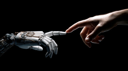 Naklejka premium Robot Hand Touching Human Finger - Artificial Intelligence and Human-Machine Interaction Concept
