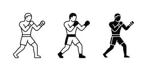 Fototapeta premium Boxing Icons Set, Fighter Silhouette, Combat Sport Vector Graphics, Martial Arts Training