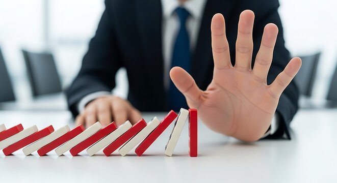 Businessman stopping domino effect with hand to prevent crisis