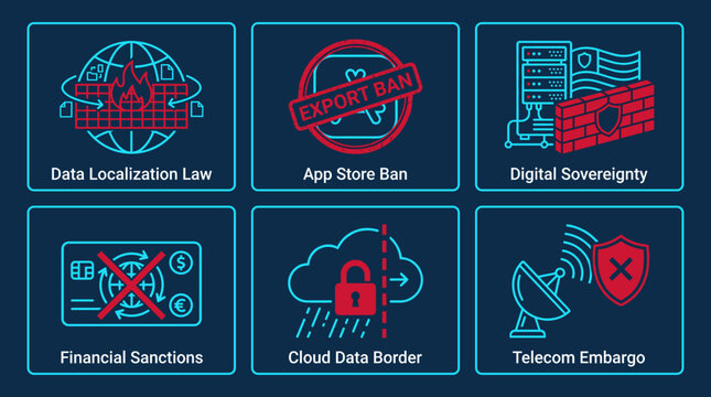 Digital Regulations and Tech Restriction Icons: Data Localization Law, App Store Ban, Digital Sovereignty, Financial Sanctions, Cloud Data Border, and Telecom Embargo Set