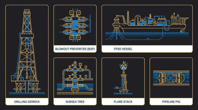 Offshore Oil and Gas Extraction and Processing Equipment Infographic Set with Drilling Derrick, FPSO Vessel, BOP, Subsea Tree, Flare Stack, and Pipeline Pig Icons