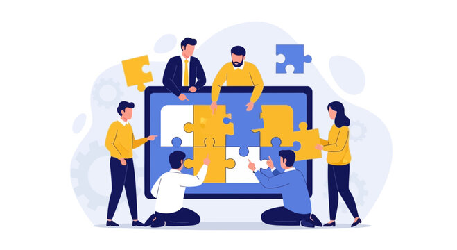 Teamwork puzzle solution, collaborative business strategy, people assembling jigsaw