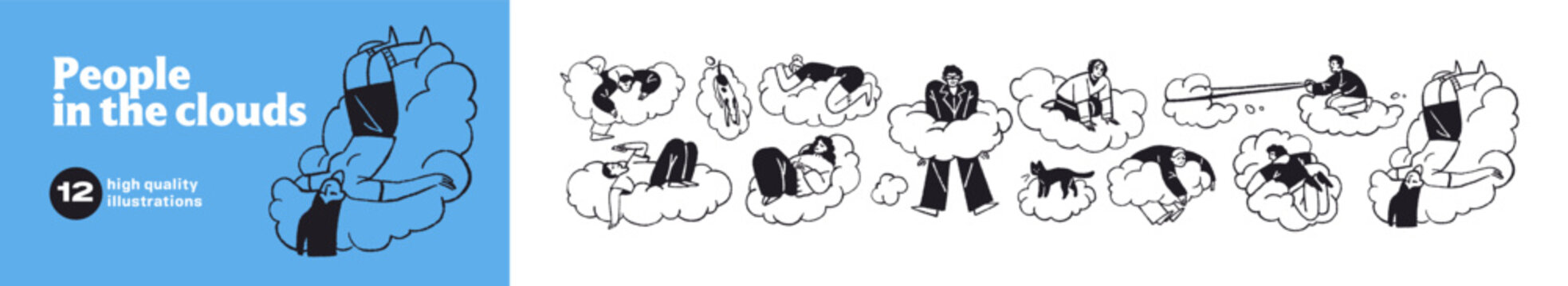 Doodle set of people flying in the clouds. Sad and happy characters are floating in the sky. Sketches of men and women sleep and relax in heaven. Flat isolated outline vector illustrations on white