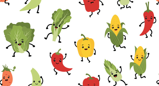 Seamless pattern of cute cartoon vegetable characters with happy faces and legs dancing across a clean white background.