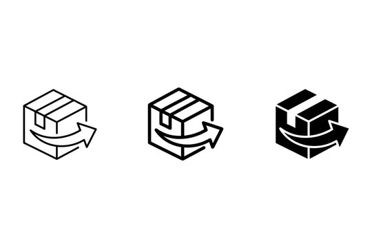 3 Delivery Box silhouette icons with return arrow, solid black style, logistics shipping set
