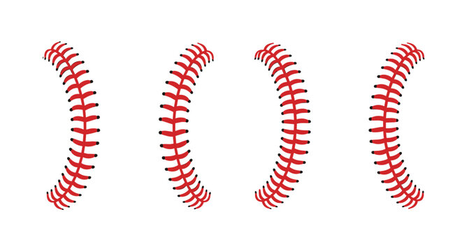 Four sets of red baseball stitching lines in various curves isolated on a white background for sports design elements.