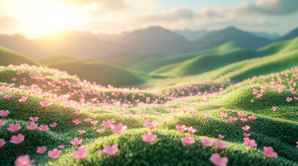 Obraz premium Sunlit Meadow with Pink Wildflowers and Rolling Hills - Serene Spring Landscape