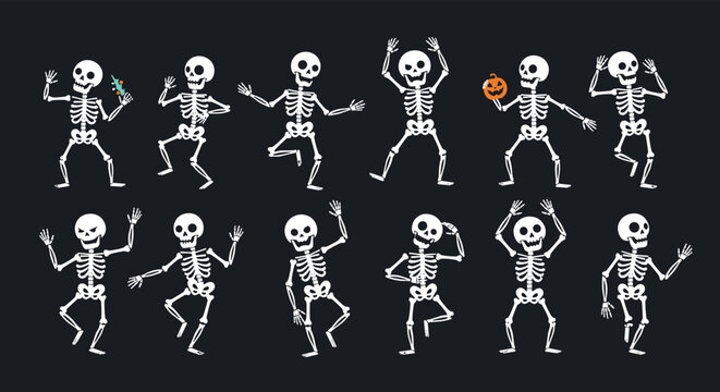 Collection of white cartoon skeletons in various funny dancing and jumping poses set against a solid dark black background.