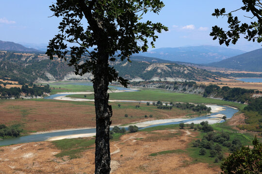 Looking at a river and mountain landscape in Greece