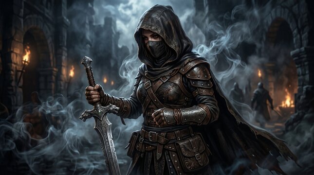 Mysterious Warrior in Shadowy Dungeon with Sword