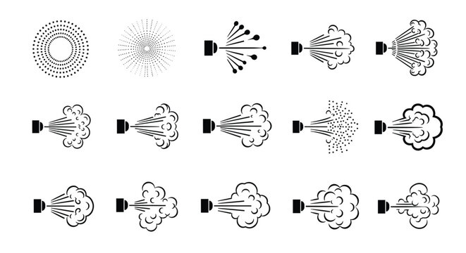 Diverse collection of spray mist and steam icons in black and white styles depicting various types of aerosol clouds.