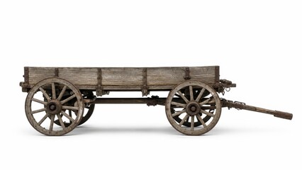 Fototapeta premium Old wooden wagon with iron rimmed wheels and cargo bed for rustic vintage transport wallpaper