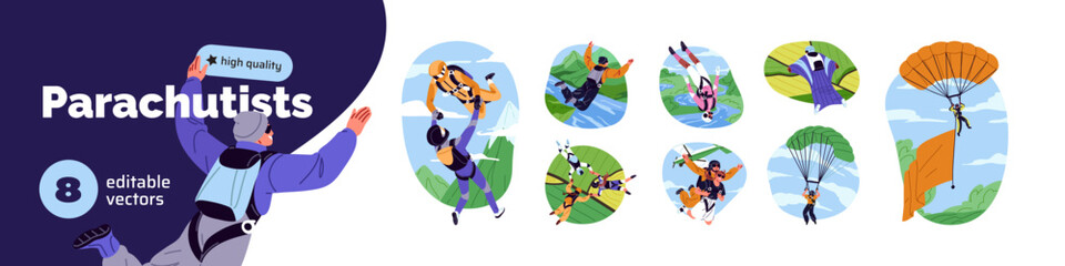 Parachutists set. People are parachuting, skydiving and paragliding. Men and women with parachutes are jumping in the sky. Extreme sport. Flat isolated vector illustrations on white background © Paper Trident