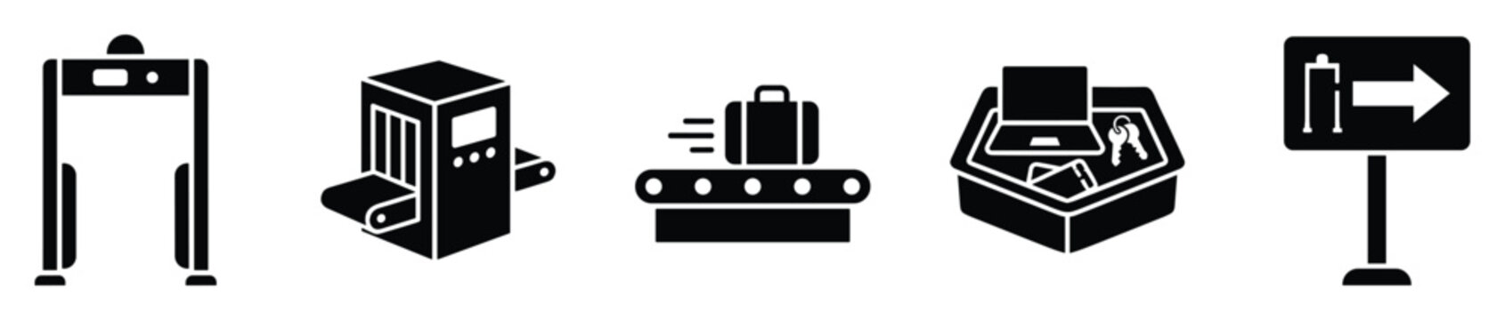 Comprehensive airport security checkpoint icons for travel screening and procedural guidance