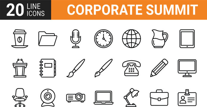 Editable business line art icons featuring communication analytics workflow finance produ