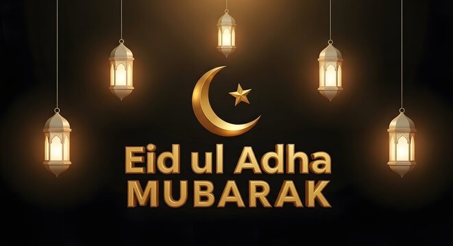 Eid ul adha mubarak wishes islamic festival greeting with lanterns and crescent moon