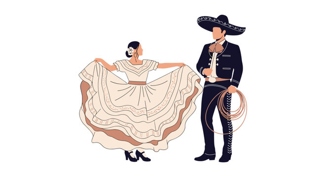 Elegant illustration of a couple in traditional Mexican dance attire with a man in a charro suit and woman in a dress.