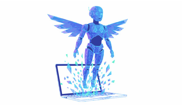 Futuristic AI agent bot flying from laptop in low poly wireframe technology vector illustration