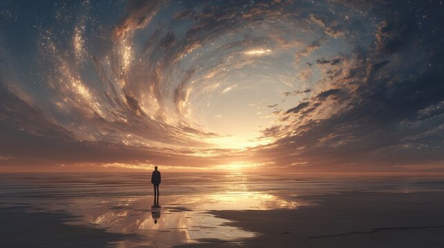 Lone Figure Standing on Reflective Beach Under Massive Swirling Cloud Vortex at Golden Hour Sunrise