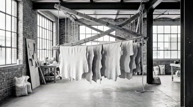 Raw Animal Hides Hanging in Industrial Leather Workshop With Large Windows and Brick Walls in Black and White