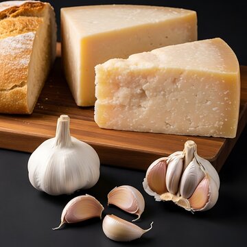 Parmesan Cheese Blocks with Garlic on Wooden Board