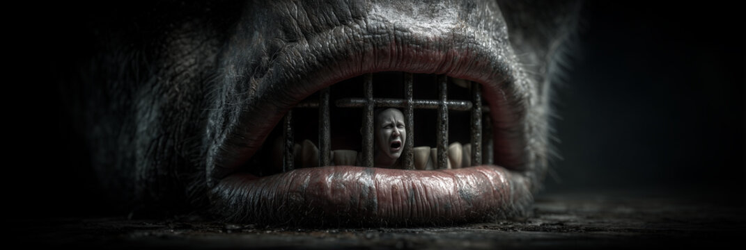 A Giant Human Mouth Transformed Into a Prison With a Small Human Figure Trapped Behind Bars, Symbolizing Self-Censorship, Secrecy, and Suppressed Emotions in a Dark Surreal Scene. Generative Ai.