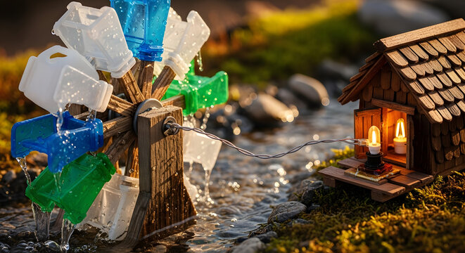 Detailed miniature scene featuring an upcycled plastic bottle water mill powering a charming tiny wooden house by a tranquil stream, showcasing sustainable creativity and intricate craftsmanship