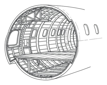 Airplane fuselage crosssection revealing structural framework and passenger cabin layout for engineering studies