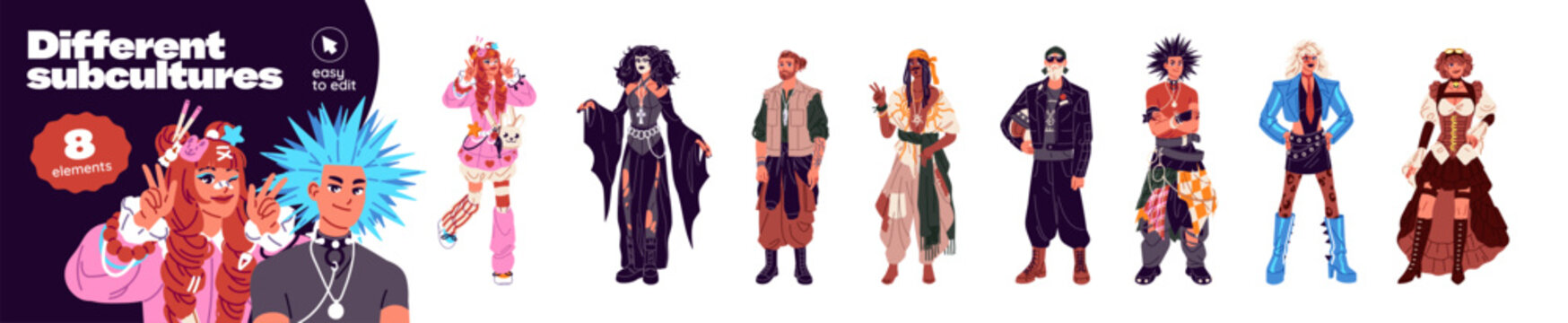 Different subcultures set. People with alternative style of outfits, clothes, hairstyles. Teenagers self expression- biker, kawaii, goth, punk and hipster. Flat isolated vector illustrations on white