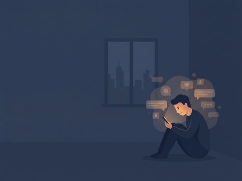 Digital Loneliness and Emotional Isolation in Hyperconnected Social Media Era Flat Vector Illustration
