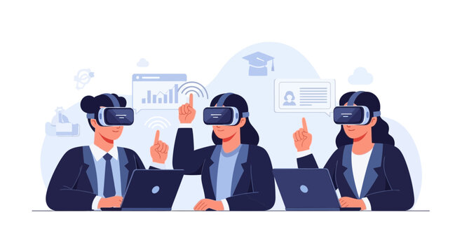 Virtual Reality Meeting: People in VR headsets, laptops, business meeting, education concept