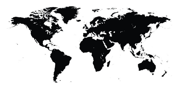 Black silhouette world map for global business, geography, and educational purposes.