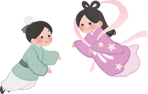 押し絵、タペストリ－、フレ－ム「花火を楽しむ彦星と織姫」 七夕 飾り 細タペストリー 笹の葉 短冊 天の川 花火 笹 織姫 彦星