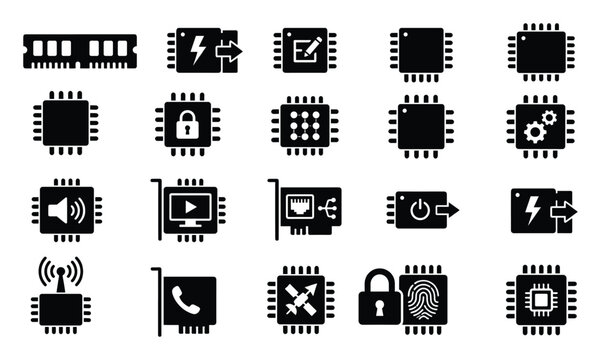 Computer hardware components and technology function icons for digital electronics applications