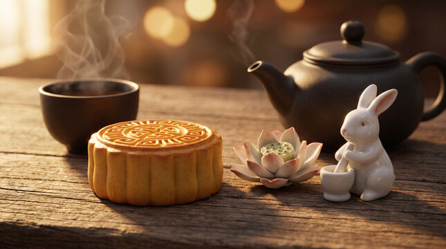 Extreme macro of traditional Chinese mooncake, steaming tea, and decorative lotus and Jade Rabbit figurines for Mid-Autumn Festival celebration