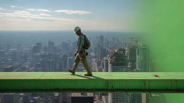 Construction worker walks a high steel beam over a city