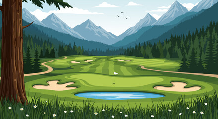 Scenic mountain valley golf course with lush green fairways, sand traps, and a tranquil pond, surrounded by pine trees and majestic peaks © Beny Qurdy