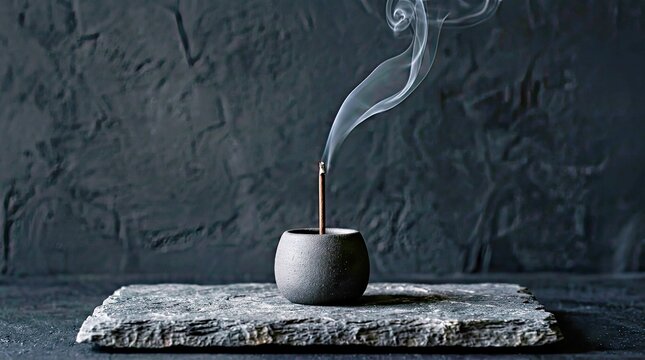 Scented Incense Stick in Ceramic Holder With Smoke on Stone Surface Incense Stick Burning Incense Dark Ceramic Holder