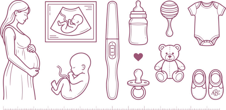 Pregnancy and baby doodle icon set hand drawn vector illustration